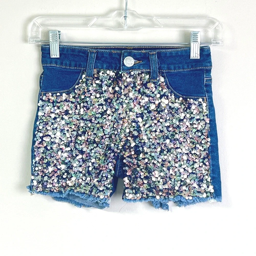 Justice Sparkle Sequin Shorts Girls 10  Glam Bling Blue Denim Frayed Hem Sparkly